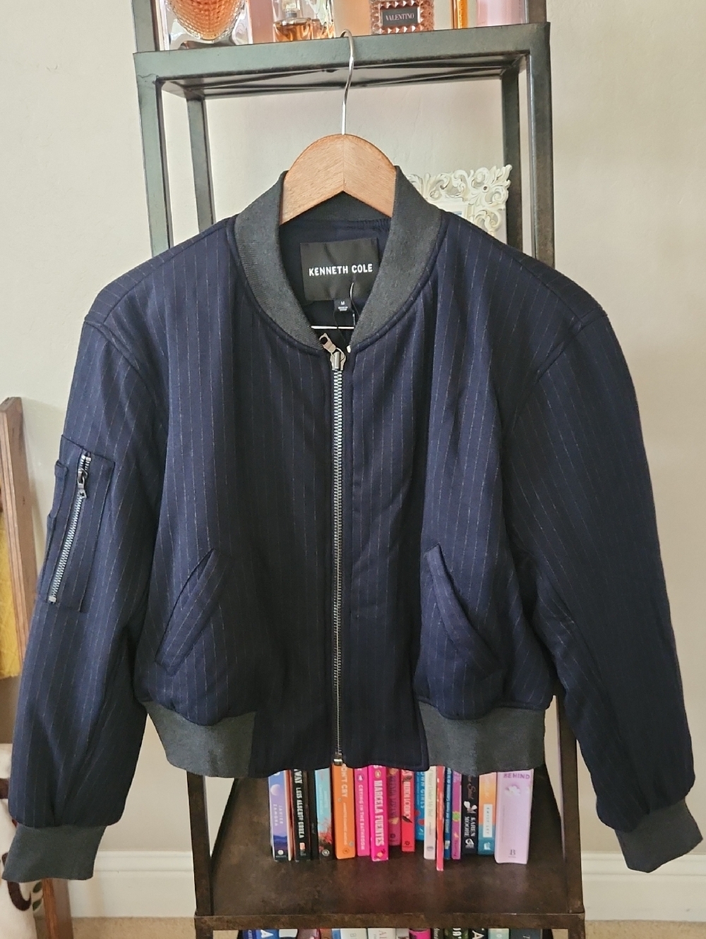 Kenneth Cole Navy Pinstripe Bomber with Dark Gray Trim